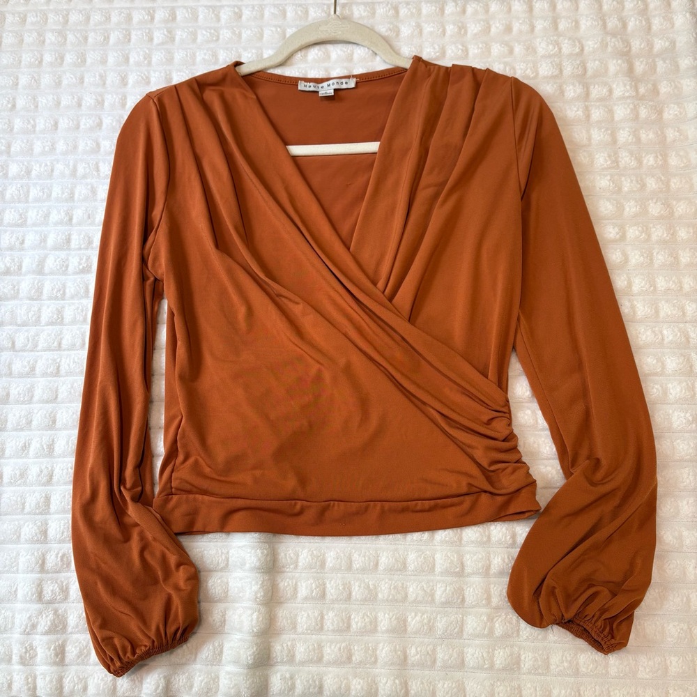 Haute Monde Orange Puff Sleeve Wrap Blouse